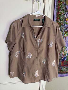 Lemon Grass Studio Butterfly Sequin Button Front Shirt Brown Womens XL